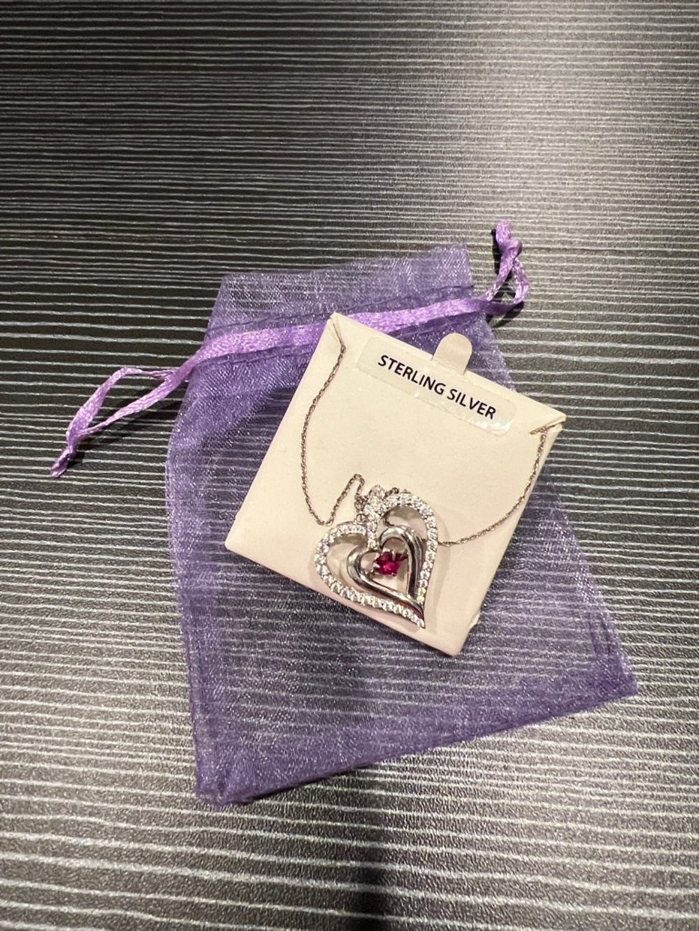 Sterling Silver Heart Pendant Necklace with Pink Gem